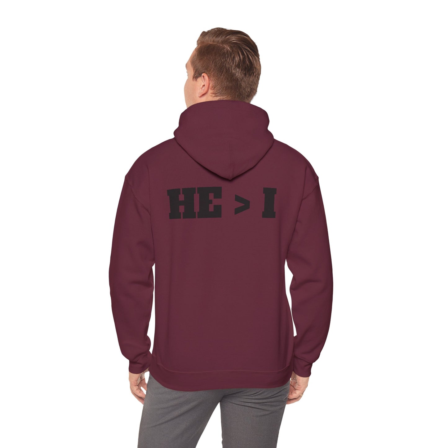 He > I Hoodie — Christian Faith Statement Pullover (He Is Greater Than I)
