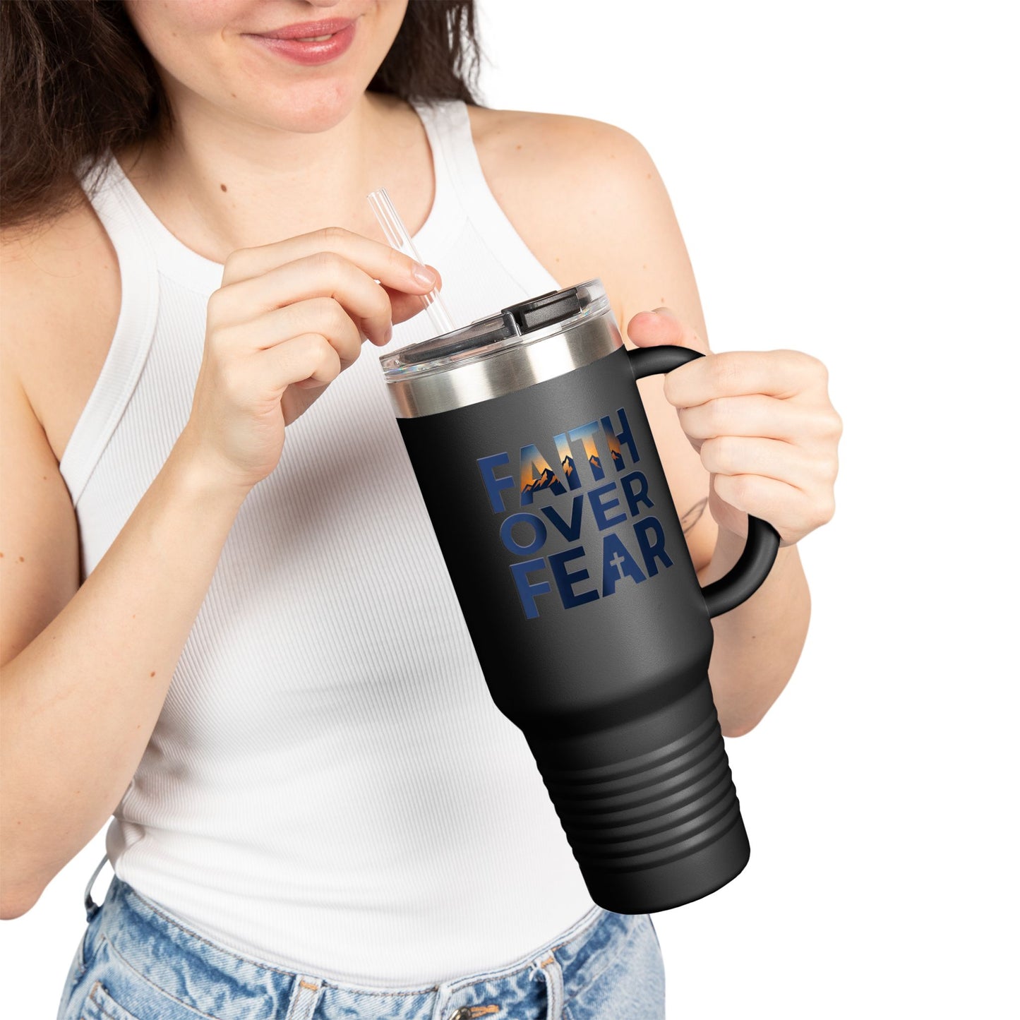 40oz Insulated Travel Mug — "Faith Over Fear" Inspirational Tumbler