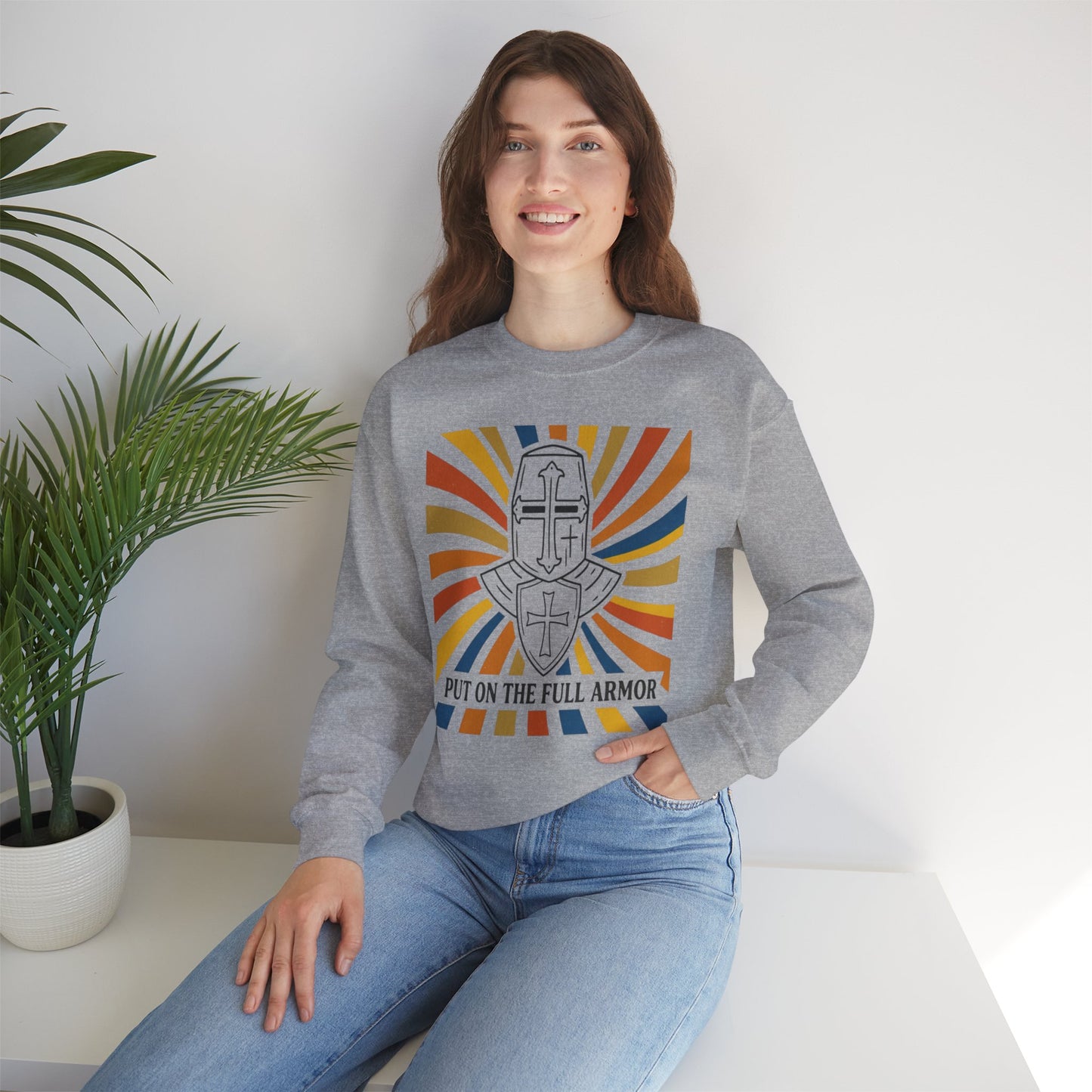 Armor of Faith Crewneck Sweatshirt — "Put On The Full Armor" Christian Graphic Pullover