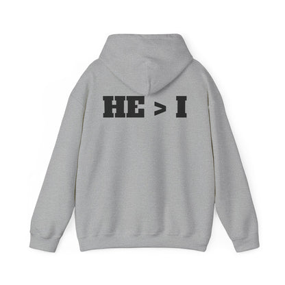 He > I Hoodie — Christian Faith Statement Pullover (He Is Greater Than I)