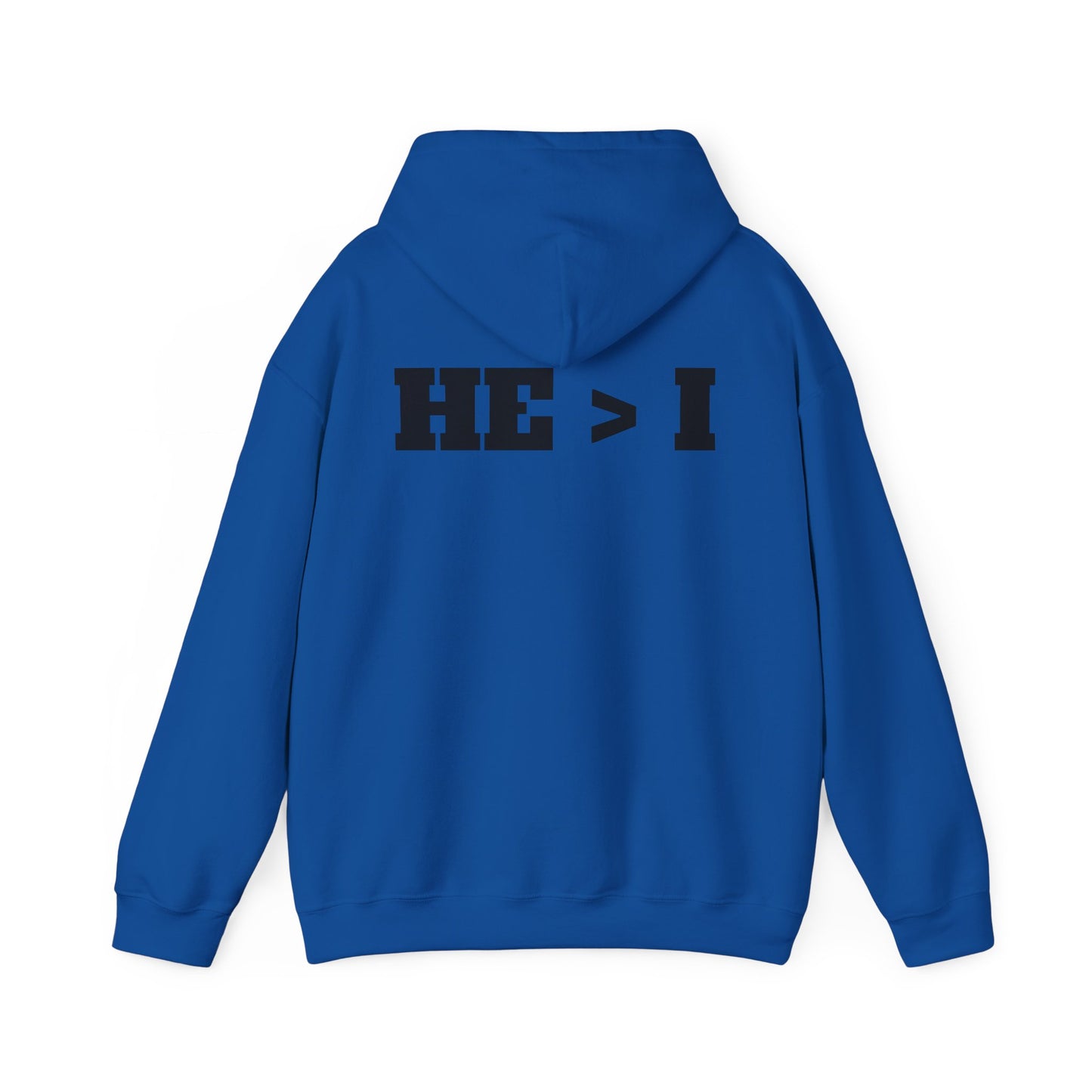 He > I Hoodie — Christian Faith Statement Pullover (He Is Greater Than I)