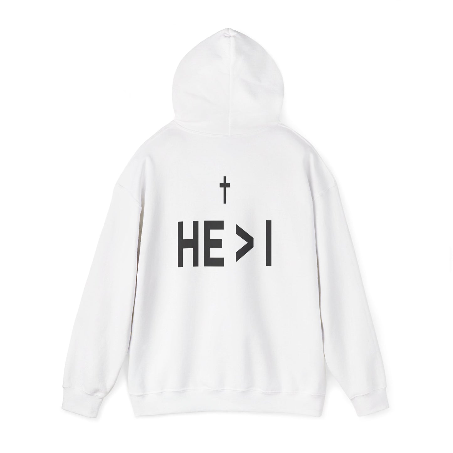 Cross Emblem Hoodie — 'HE > I' Christian Faith Pullover