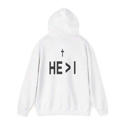 Cross Emblem Hoodie — 'HE > I' Christian Faith Pullover