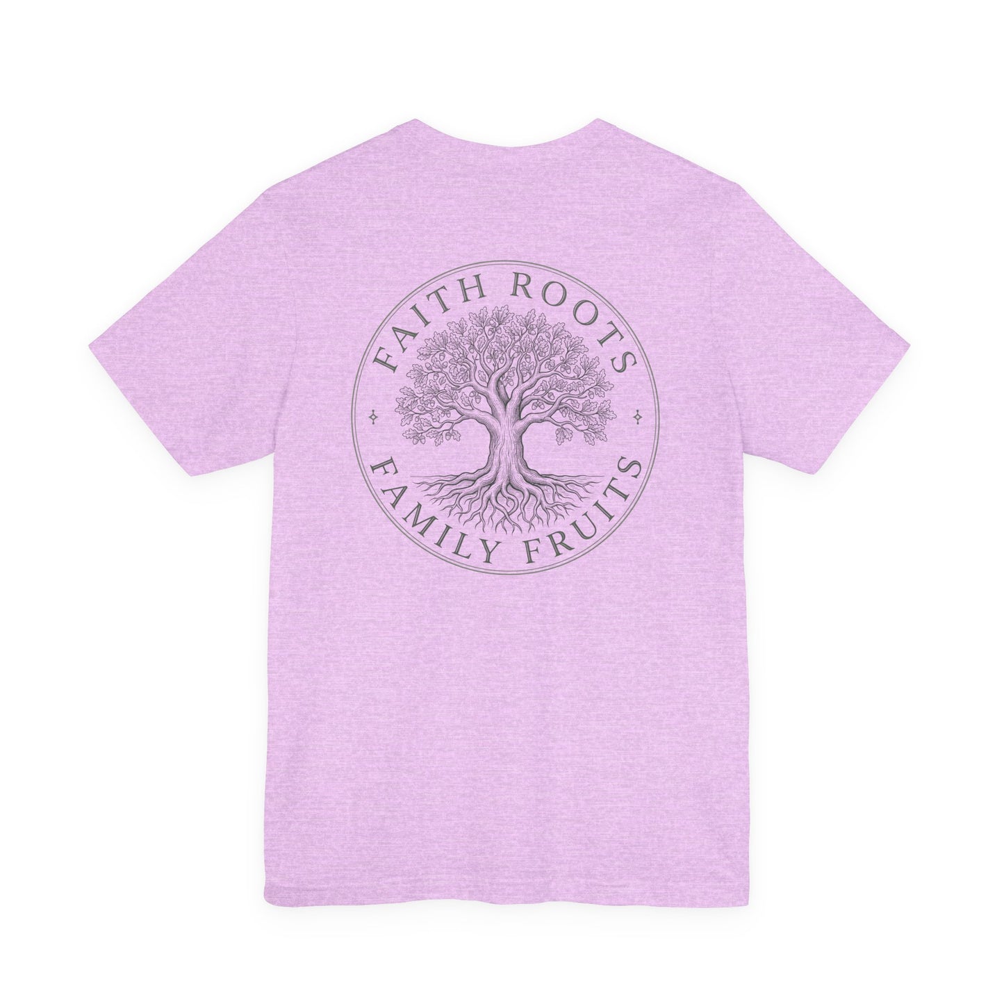 Faith Roots Family Fruits T‑Shirt — Cross Chest & Tree Back Graphic