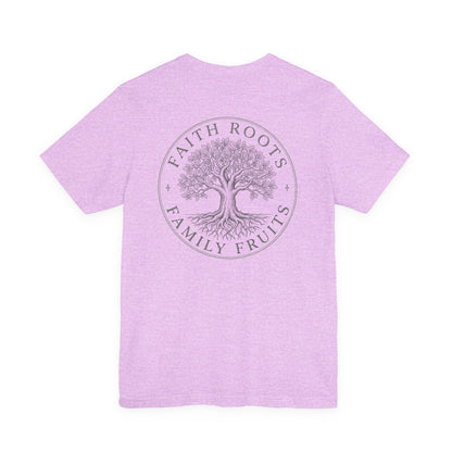 Faith Roots Family Fruits T‑Shirt — Cross Chest & Tree Back Graphic