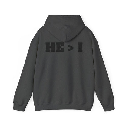 He > I Hoodie — Christian Faith Statement Pullover (He Is Greater Than I)