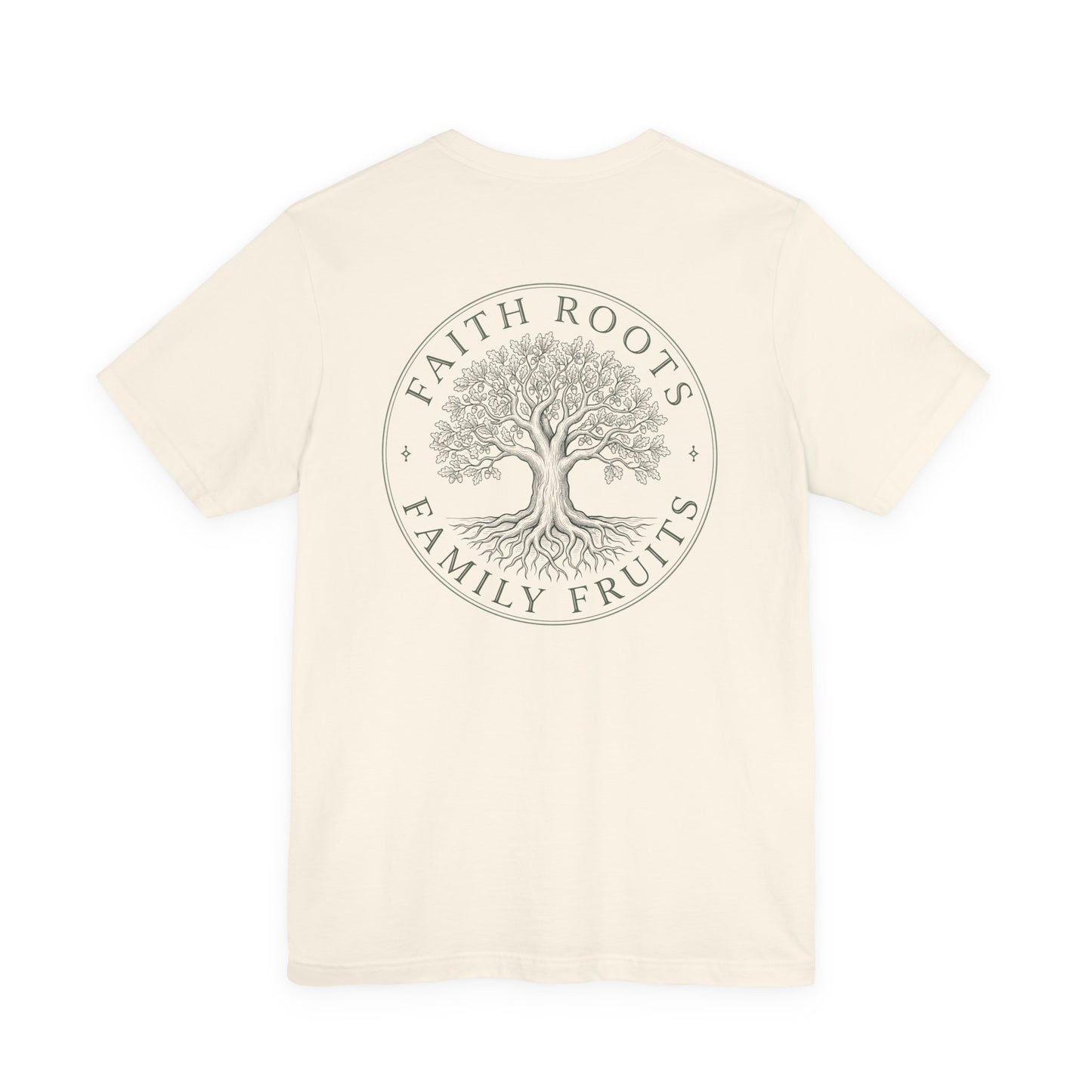 Faith Roots Family Fruits T‑Shirt — Cross Chest & Tree Back Graphic