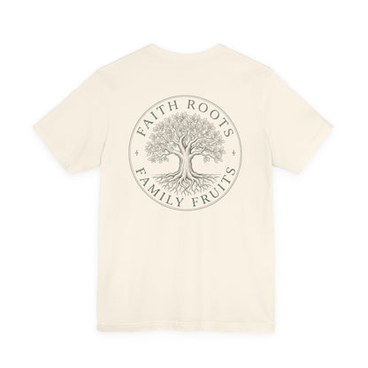 Faith Roots Family Fruits T‑Shirt — Cross Chest & Tree Back Graphic