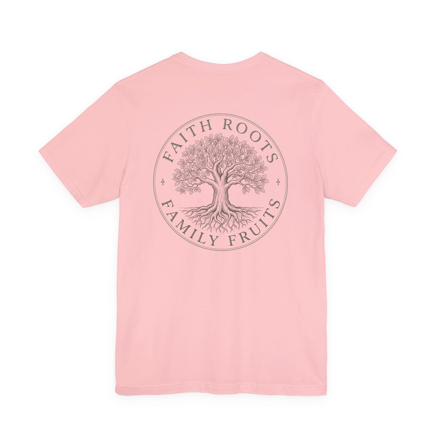 Faith Roots Family Fruits T‑Shirt — Cross Chest & Tree Back Graphic