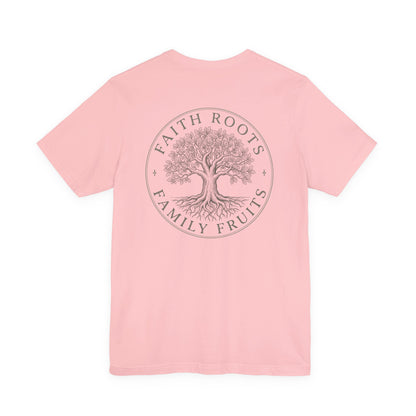 Faith Roots Family Fruits T‑Shirt — Cross Chest & Tree Back Graphic