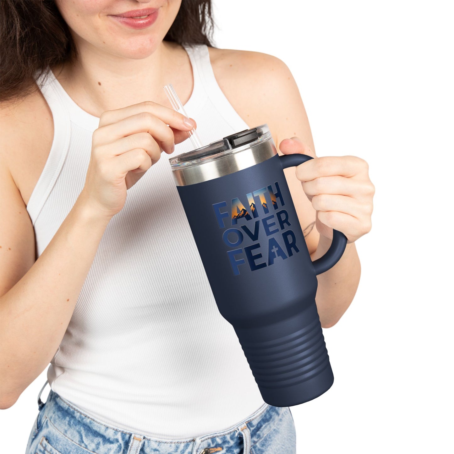 40oz Insulated Travel Mug — "Faith Over Fear" Inspirational Tumbler