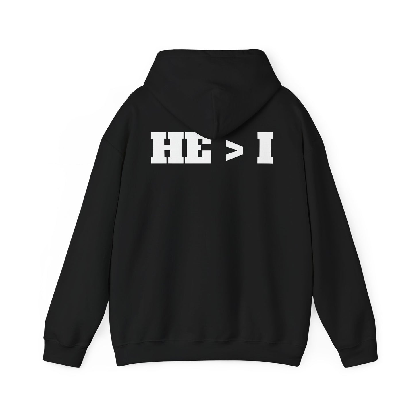 He > I Hoodie — Christian Faith Statement Pullover (He Is Greater Than I)