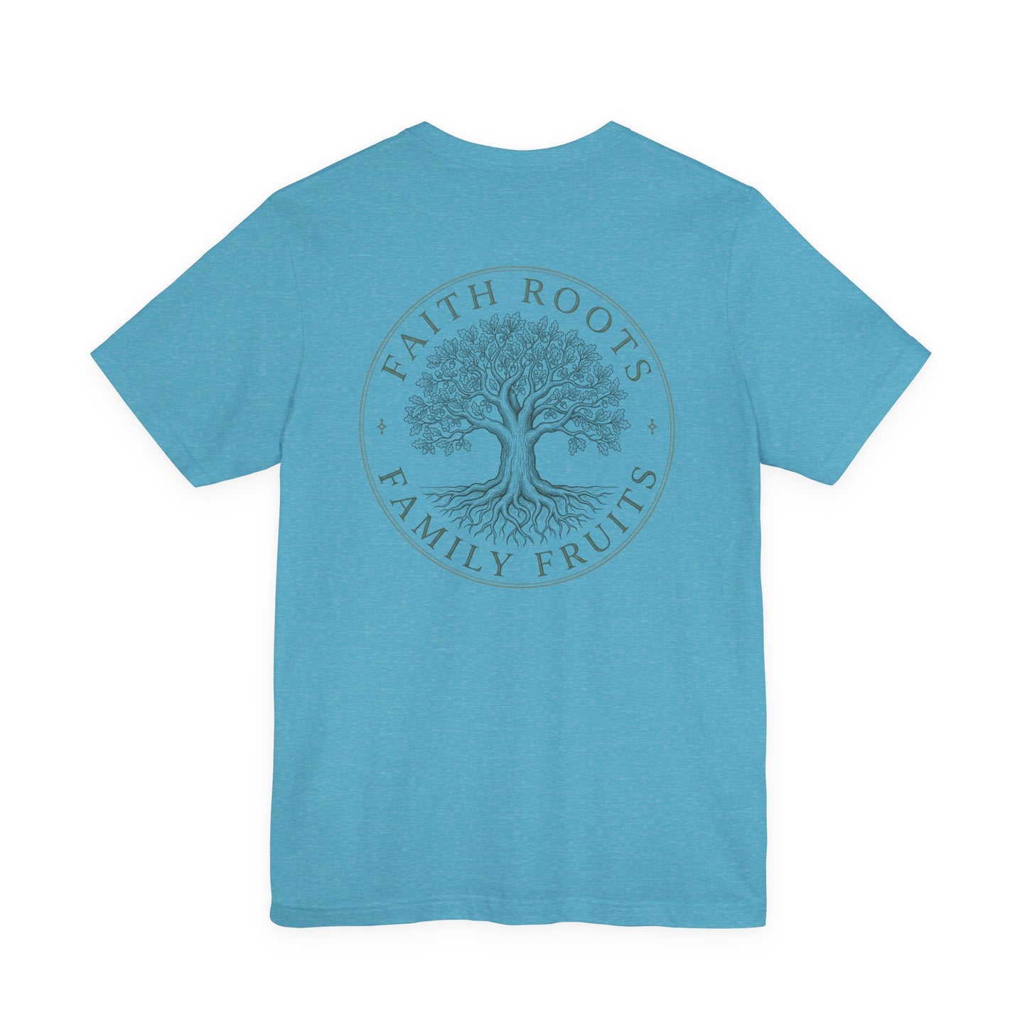 Faith Roots Family Fruits T‑Shirt — Cross Chest & Tree Back Graphic