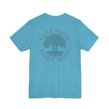 Faith Roots Family Fruits T‑Shirt — Cross Chest & Tree Back Graphic