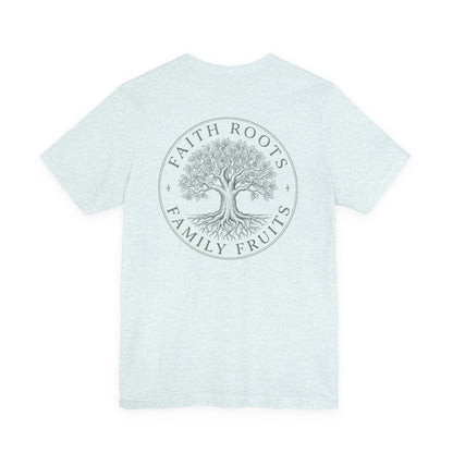 Faith Roots Family Fruits T‑Shirt — Cross Chest & Tree Back Graphic