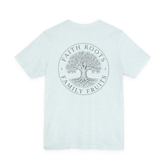 Faith Roots Family Fruits T‑Shirt — Cross Chest & Tree Back Graphic