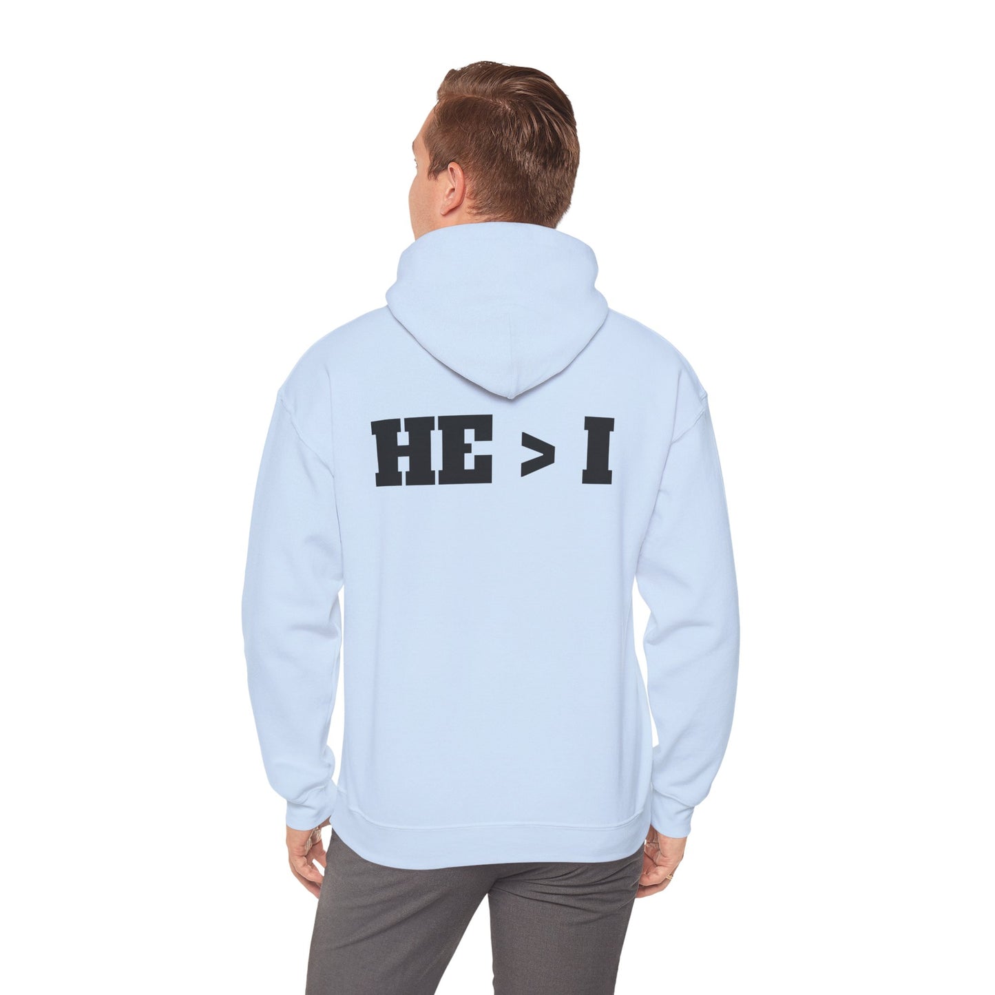 He > I Hoodie — Christian Faith Statement Pullover (He Is Greater Than I)