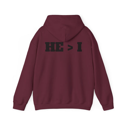 He > I Hoodie — Christian Faith Statement Pullover (He Is Greater Than I)
