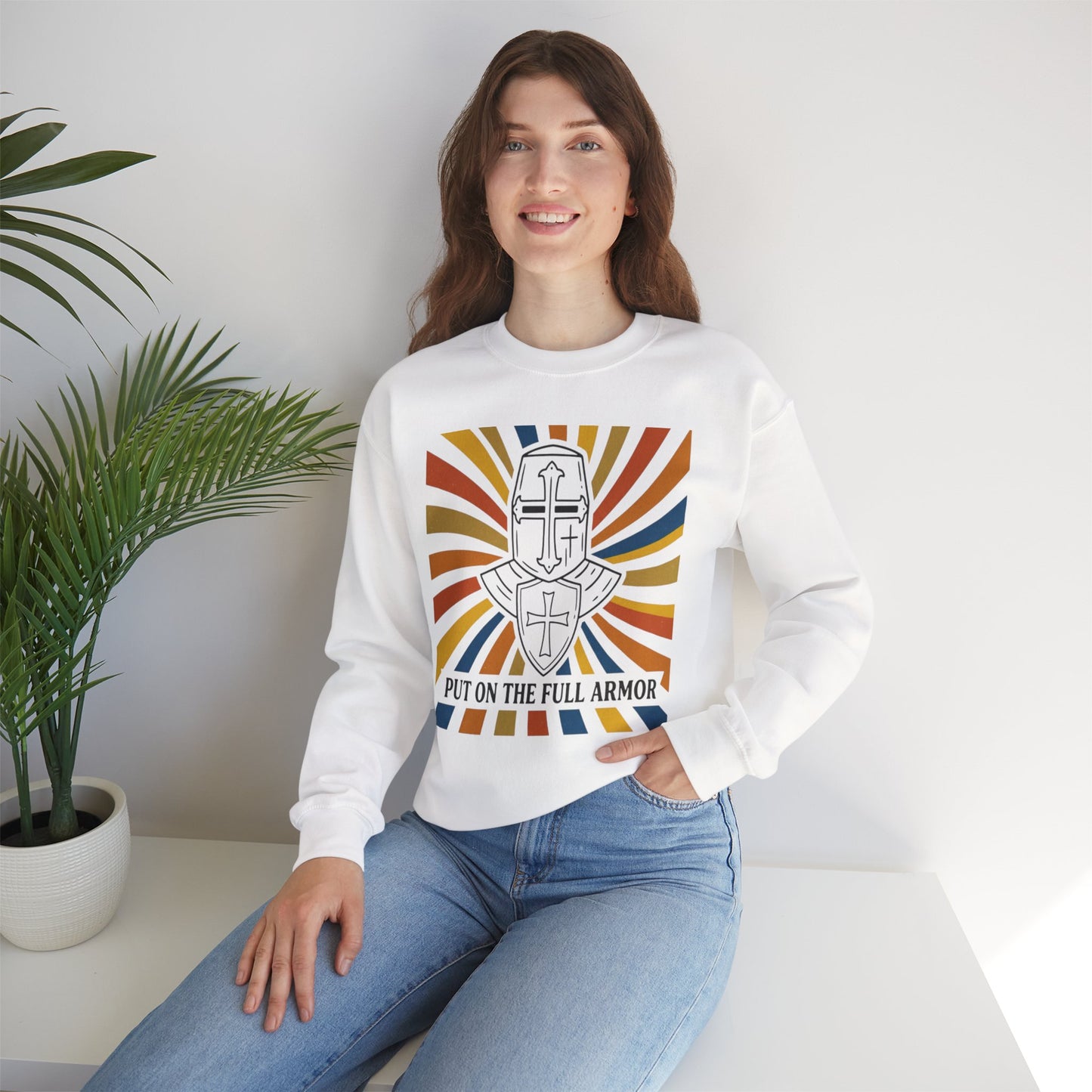 Armor of Faith Crewneck Sweatshirt — "Put On The Full Armor" Christian Graphic Pullover