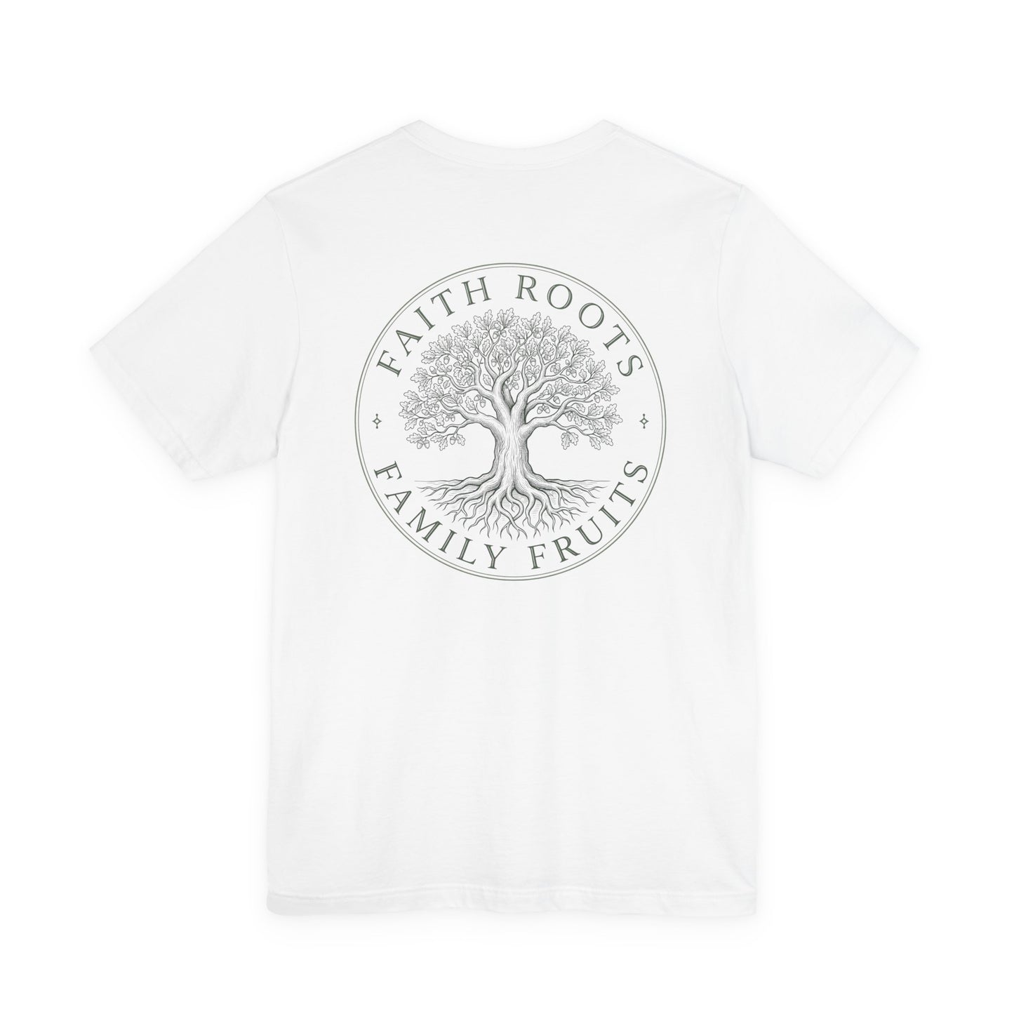 Faith Roots Family Fruits T‑Shirt — Cross Chest & Tree Back Graphic