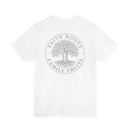 Faith Roots Family Fruits T‑Shirt — Cross Chest & Tree Back Graphic